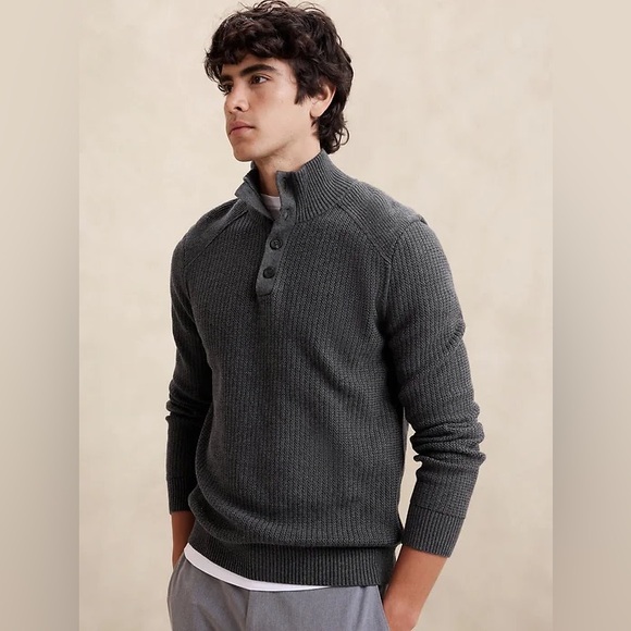 Express Gray button Up Sweater with Chunky Knit and Mock Neck - Picture 1 of 5